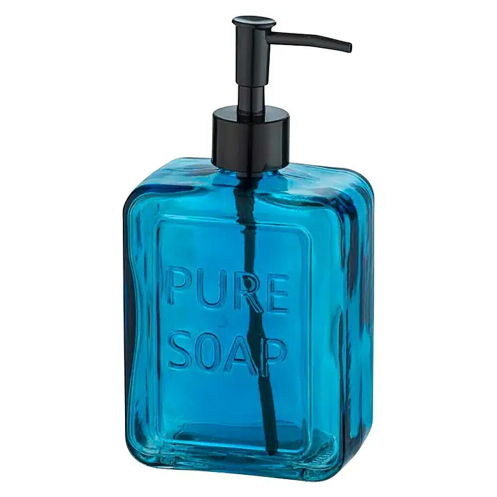 Wenko Seifenspender Pure SoapGlas, Blau - Blauer Seifenspender "Pure Soap" mit schwarzer Pumpe für das Badezimmer oder die Küche.