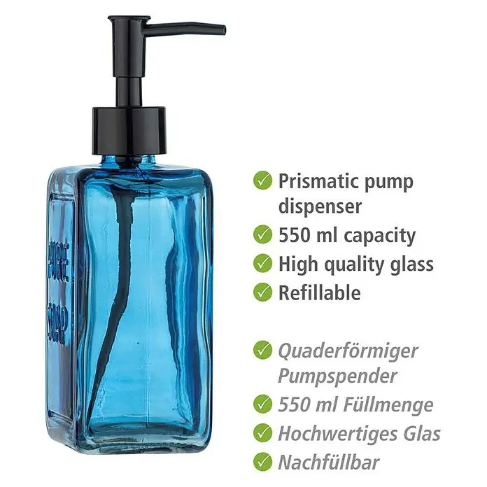 Wenko Seifenspender Pure Soap - Glas, Blau - Blauer, prismatischer Seifenspender aus Glas mit schwarzer Pumpe.