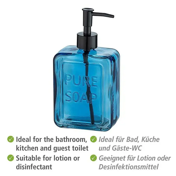 Wenko Seifenspender Pure Soap - Glas, Blau - Blauer Seifenspender mit der Aufschrift "Pure Soap", ideal für Bad, Küche und Gäste-WC. Geeignet für Lotion oder Desinfektionsmittel.