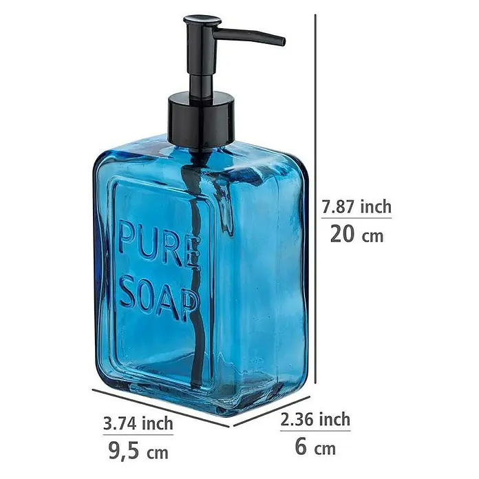 Wenko Seifenspender Pure Soap - Glas, Blau - Blauer Glasseifenspender mit schwarzer Pumpe und der Aufschrift "Pure Soap" zur stilvollen Handhygiene im Badezimmer.