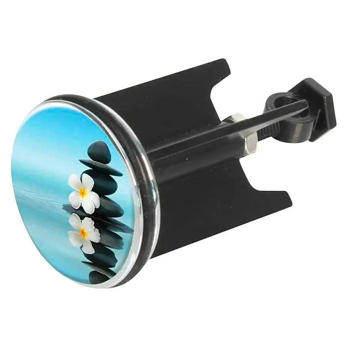 Wenko Excenterstopfen Saguna - Wellness, Durchmesser: 3,9 cm - Hier ist ein Waschbeckenstöpsel mit einem entspannenden Stein- und Blumenmotiv, ideal für ein ruhiges Badezimmerambiente.
