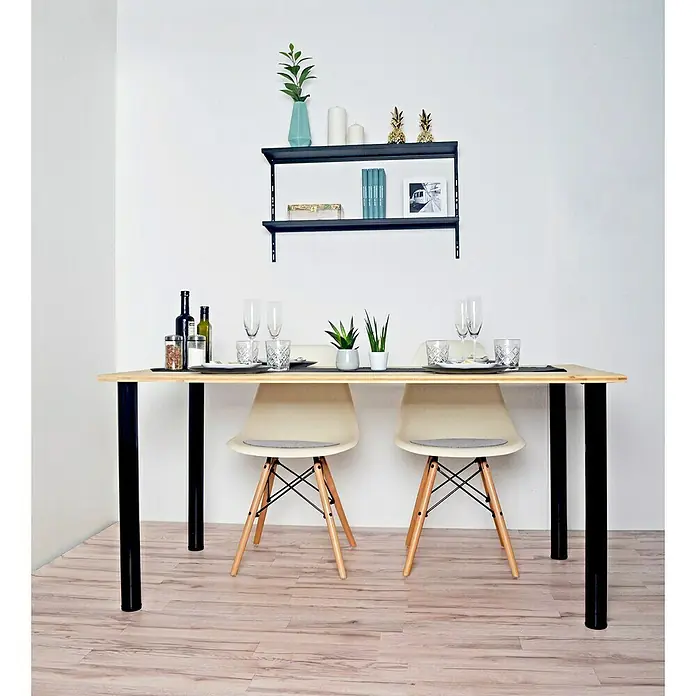 Element System Möbelfuß - Ø x H: 6 x 70 cm, Traglast: 75 kg, Stahl - Einrichtungsidee für das Esszimmer mit einem hellen Holztisch, minimalistischen Stühlen und einem Regal an der weißen Wand.