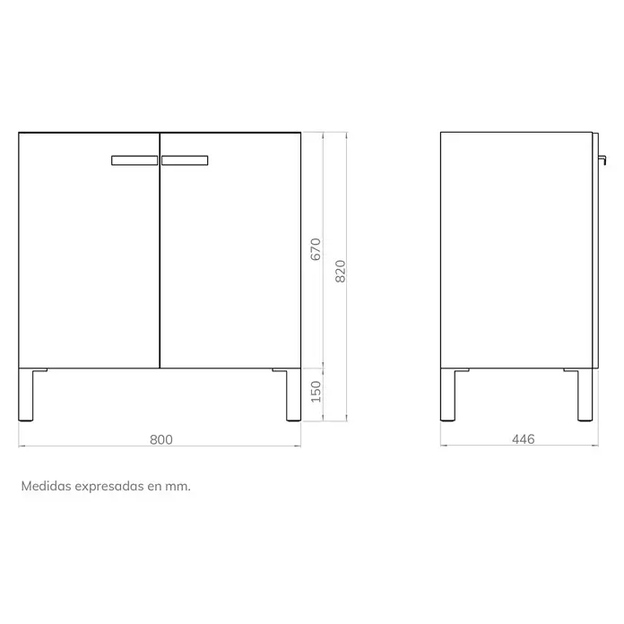 Conjunto de mueble de baño Viktor - Nature, Mate, 3 pzs. - Vista del producto: Un mueble de baño con dos puertas y líneas limpias, mostrado en vistas frontal y lateral con dimensiones en milímetros.