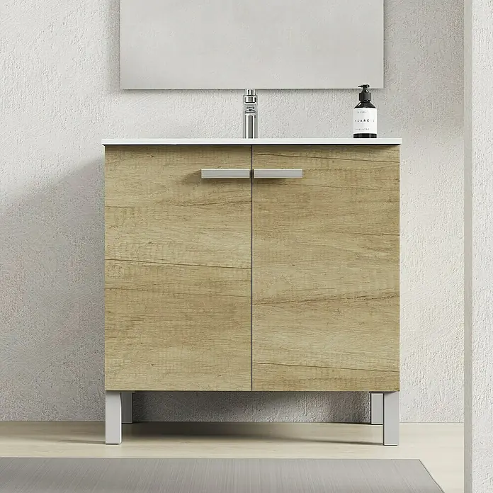 Conjunto de mueble de baño Viktor - Nature, Mate, 3 pzs. - Un moderno mueble de baño con aspecto de madera y detalles blancos. Ideal para cualquier baño, este mueble ofrece funcionalidad y estilo.