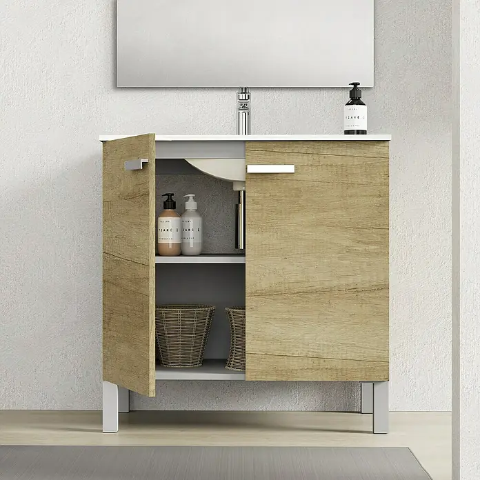 Conjunto de mueble de baño Viktor - Nature, Mate, 3 pzs. - Mueble de baño con decoración de madera clara, detalles blancos y compartimento abierto. Ideal para guardar artículos de baño con estilo.
