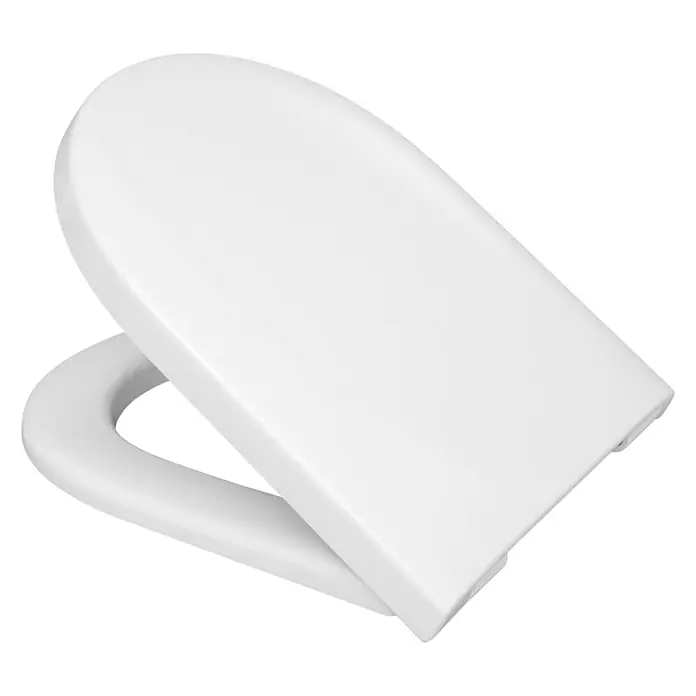 Camargue Paris WC-Sitz - Duroplast, Weiß, Mit Absenkautomatik - Nahaufnahme eines weißen Toilettensitzes auf einem schwarzen Hintergrund, der die glatte und minimalistische Gestaltung des Produkts hervorhebt.