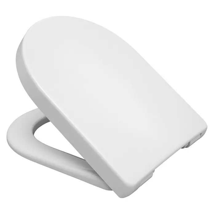 Camargue San Francisco WC-Sitz 2.0 - B x L: 34,2 x 45,9 cm, Duroplast, Mit Absenkautomatik - Nahaufnahme eines weißen WC-Sitzes mit Deckel auf einem schwarzen Hintergrund. Das Bild ist von hoher Qualität und zeigt Details.
