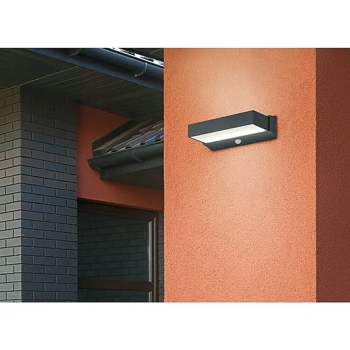 Trio Leuchten Außenwandleuchte Cuando - 11 W, L x B x H: 13,5 x 23,2 x 7 cm, Anthrazit, IP54 - Eine moderne, anthrazitfarbene Außenleuchte mit Bewegungsmelder beleuchtet eine orangefarbene Wand und sorgt für Sicherheit.