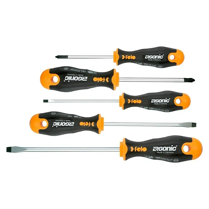 Felo Schraubendreher-Set ERGONIC® - 5 -tlg., Geeignet für: Schlitz- und Pozidriv-Schrauben - Eine Sammlung von Felo Ergonic Schraubendrehern in verschiedenen Größen und Ausführungen, ideal für jede Werkstatt.
