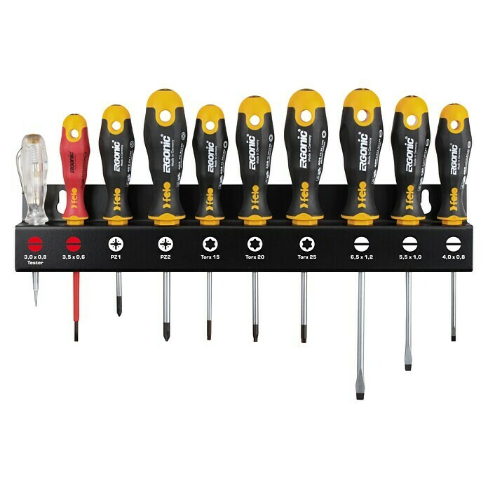 Felo Schraubendreher-Set Ergonic® XL Rack (10 -tlg., Schlitz- und Pozidriv-Schrauben)