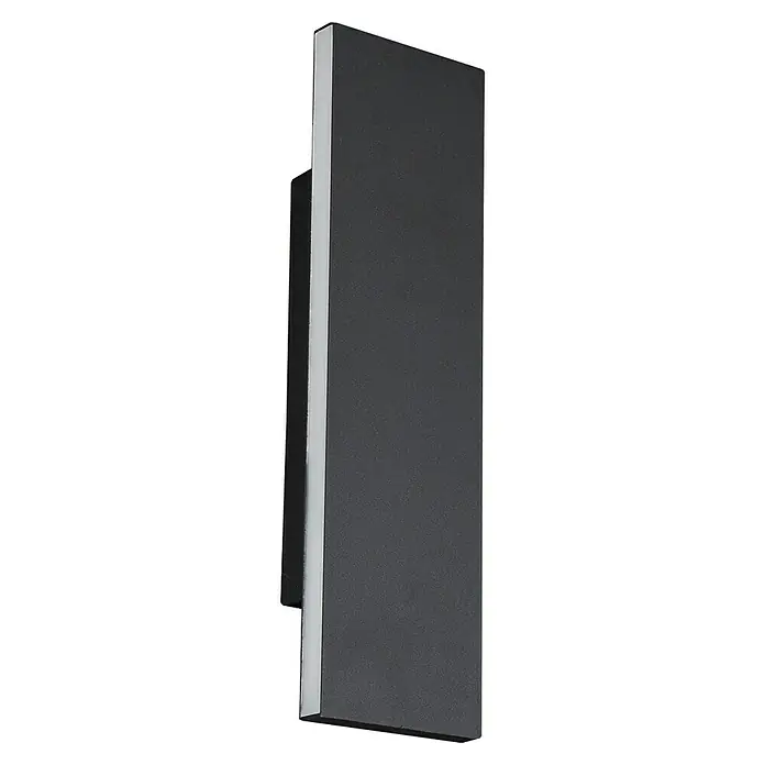Trio Lighting Aplique de pared Concha - 6 W, L x An x Al: 4,5 x 28 x 8 cm, Negro - Primer plano de una lámpara de pared LED negra con detalles plateados, mostrando un diseño moderno y elegante.