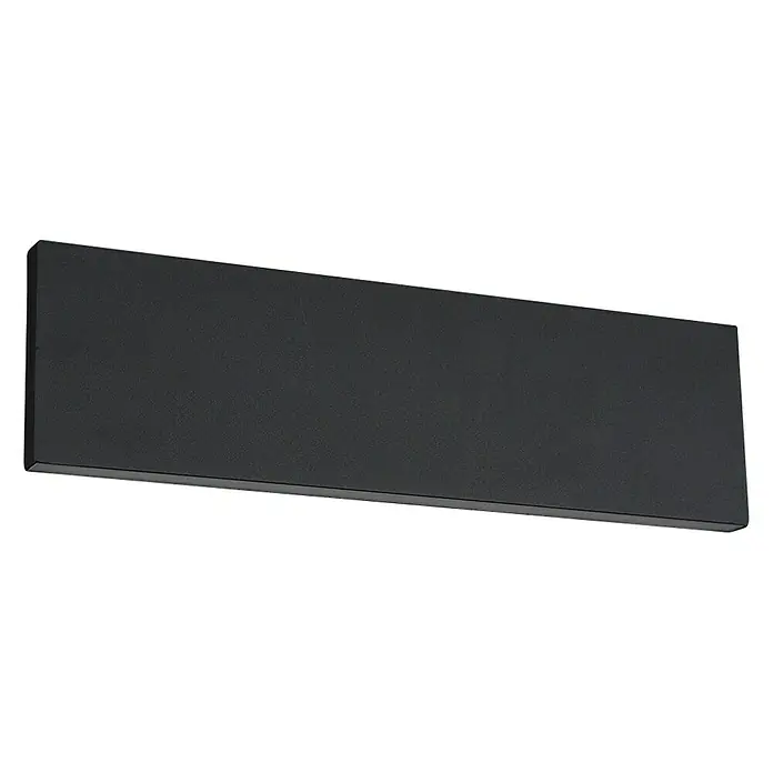 Trio Lighting Aplique de pared Concha - 6 W, L x An x Al: 4,5 x 28 x 8 cm, Negro - Primer plano de una lámpara LED alargada de color negro mate con finas láminas en la parte inferior sobre un fondo oscuro.