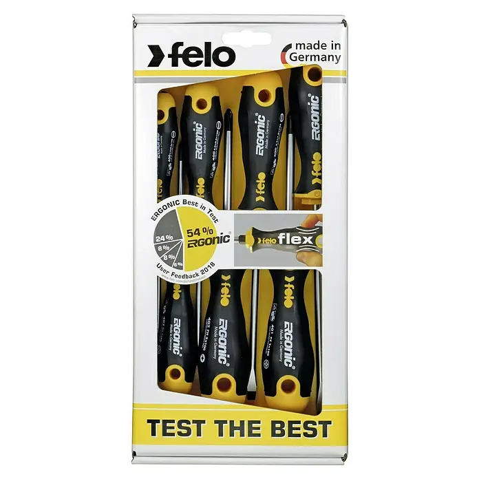 Felo Schraubendreher-Set ERGONIC® - 7 -tlg., Geeignet für: Schlitz und Kreuzschlitz PH/PZ - Sortiment von Felo Ergonic Schraubendrehern in einer gelb-schwarzen Verpackung, mit dem Hinweis "Made in Germany".