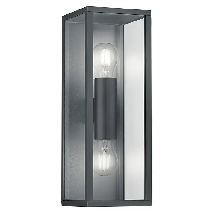 Trio Leuchten Garonne Außenwandleuchte - 20 W, L x B x H: 13,5 x 14 x 38 cm, Anthrazit, IP44 - Nahaufnahme einer modernen Wandleuchte mit zwei Edison-Glühbirnen in einem grauen Metallrahmen.