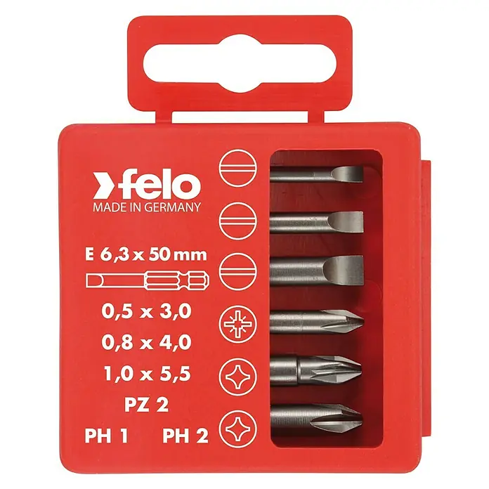 Felo Bit-Box Profi Industrie E 6,3 x 50 mm - 6 -tlg., SL/PH/PZ - Felo Bit-Set mit verschiedenen Schraubendreher-Bits in einer roten Aufbewahrungsbox. Ideal für Heimwerker und Profis.