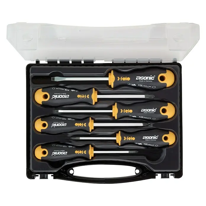 Felo Schraubendreher-Set Ergonic® - 7 -tlg., Verpackung: Kunststoffkoffer, Geeignet für: Schlitz und Kreuzschlitz PH/PZ - Ein Set von Felo Ergonic Schraubendrehern in einer schwarzen Aufbewahrungsbox. Das Set beinhaltet verschiedene Größen mit gelben Griffen.