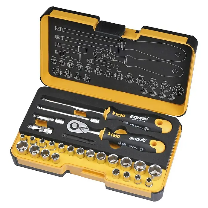 Felo Steckschlüsseleinsatz-Set Strongbox XL R-GO - ¼″, 27 -tlg. - Das Bild zeigt einen gelb-schwarzen Felo Ergonic Werkzeugkasten mit einer Vielzahl von Steckschlüsseln und Schraubendrehern, die ordentlich angeordnet sind.