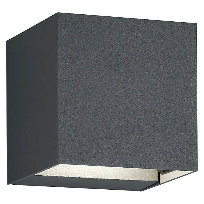 Trio Leuchten LED-Wandleuchte Adaja - 3 W, L x B x H: 8 x 8 x 8 cm, Anthrazit, Warmweiß - Nahaufnahme einer modernen, würfelförmigen Wandleuchte in Anthrazitgrau, die ein warmes, einladendes Licht ausstrahlt.