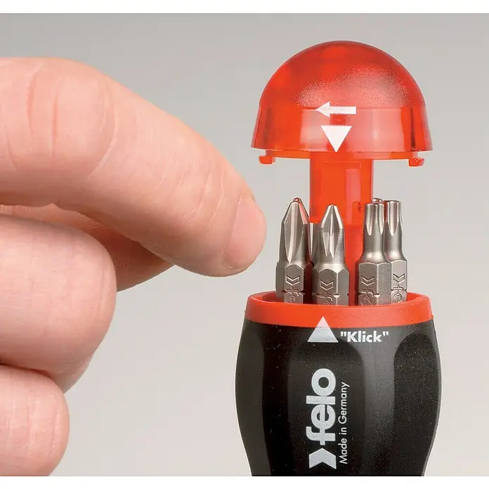 Felo Schraubendreher-Set SD mit Bit-Magazin - 8 -tlg., Geeignet für: TORX®-Schrauben - Ein Felo "Klick"-Schraubendreher mit auswechselbaren Bits und einem roten, transparenten Griff wird gezeigt.