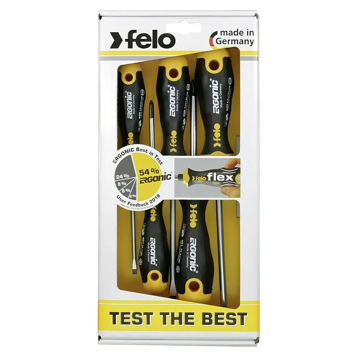 Felo Schraubendreher-Set ERGONIC® - 5 -tlg., Geeignet für: Schlitz- und Pozidriv-Schrauben - Ein Set Felo Ergoic Schraubendreher, hergestellt in Deutschland, für optimale Ergonomie und Leistung beim Schrauben.