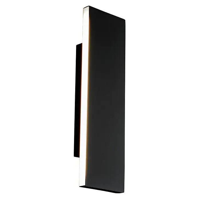 Trio Lighting Aplique de pared Concha - 6 W, L x An x Al: 4,5 x 28 x 8 cm, Negro - Este primer plano muestra un panel de luz negro y elegante con una franja vertical brillante, que enfatiza su diseño moderno y proporciona iluminación ambiental.