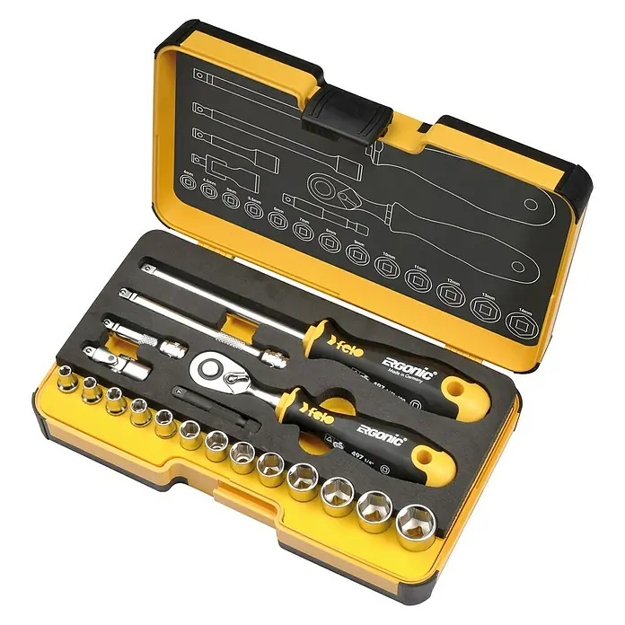 Felo Steckschlüsseleinsatz-Set Strongbox XL R-GO - ¼″, 19 -tlg. - Ein gelber Werkzeugkasten von Felo mit verschiedenen Schraubenschlüsseln, Verlängerungen und einem Schraubendreher mit gelbem Griff.