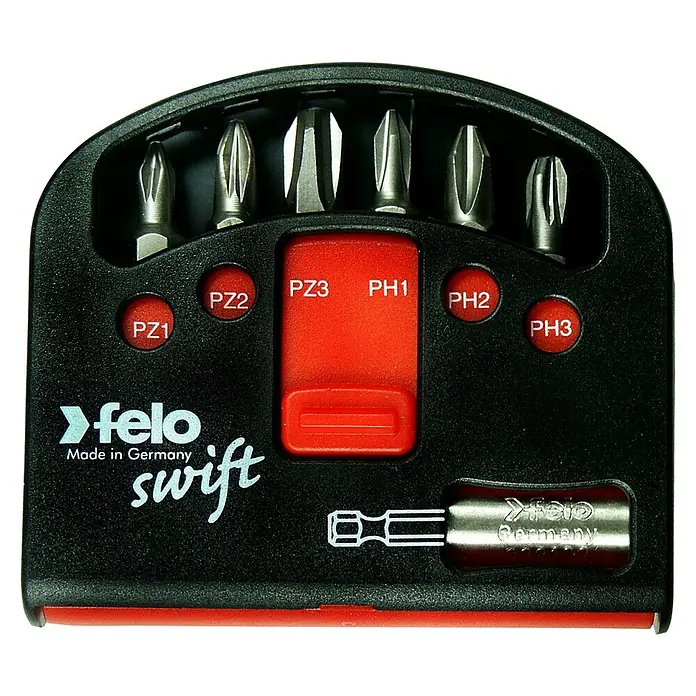 Felo Bit-Box Swift Industrie - 7 -tlg., PZ/PH/BH - Felo Swift Bit-Set mit verschiedenen Schraubendreher-Bits in einer kompakten, schwarzen Aufbewahrungsbox mit rotem Akzent.