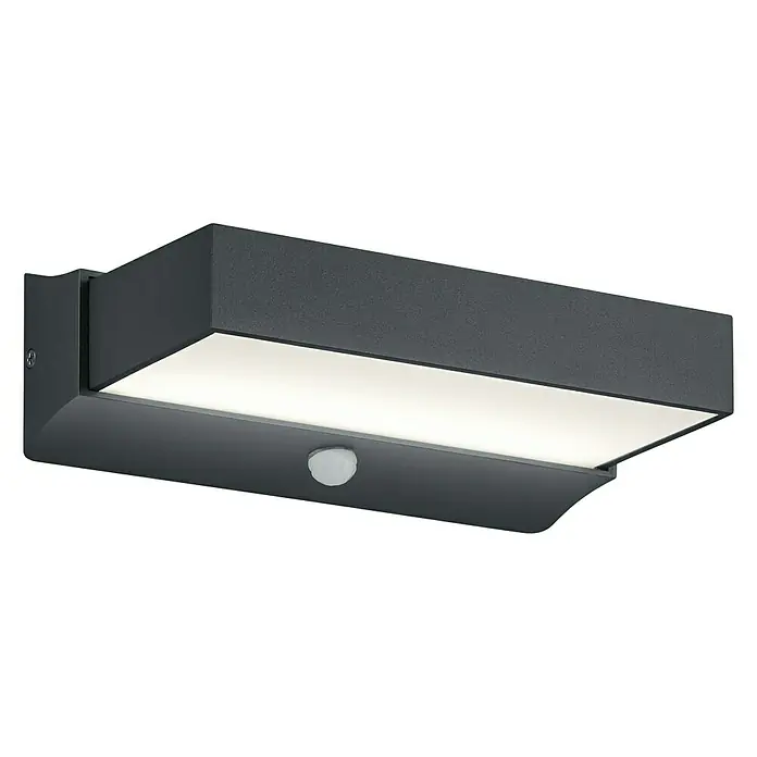 Trio Leuchten Außenwandleuchte Cuando - 11 W, L x B x H: 13,5 x 23,2 x 7 cm, Anthrazit, IP54 - Eine moderne, anthrazitfarbene LED-Wandleuchte mit Bewegungsmelder, die ein helles, indirektes Licht für Außenbereiche bietet.