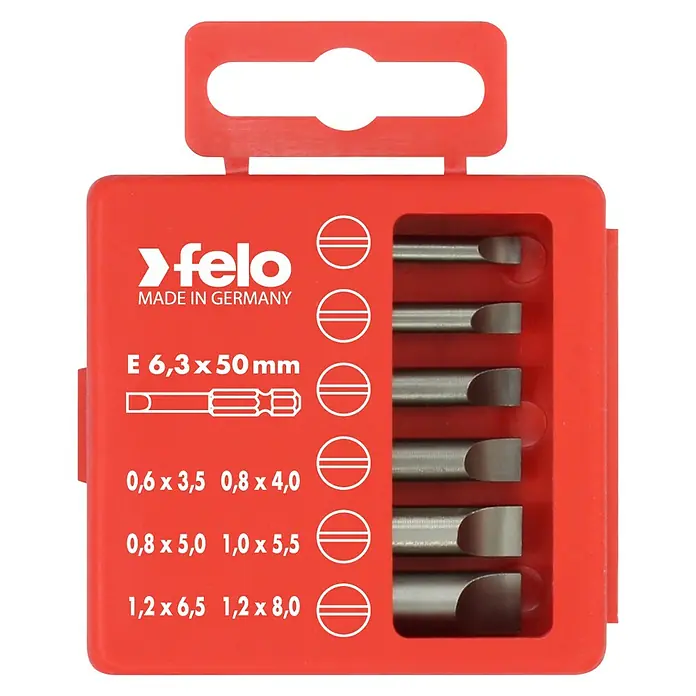 Felo Bit-Box Profi Industrie E 6,3 x 50 mm - 6 -tlg., SL - Felo Schlitz-Bit-Satz in roter Verpackung. Das Set enthält verschiedene Größen für Schraubarbeiten mit Schlitzschrauben.