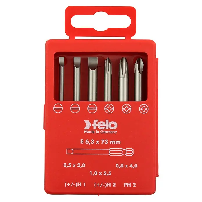 Felo Bit-Box Profi Industrie E 6,3 x 73 mm - 6 -tlg., SL/H/PH - Ein rotes Felo-Set mit verschiedenen Schraubendreher-Bits, ideal für diverse Schraubarbeiten und Heimwerkerprojekte.