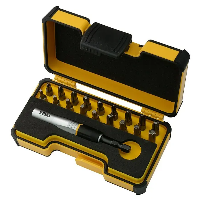 Felo Bit-Set XS-Strongbox Impact - 19 -tlg. - Satz von Schraubendreher-Bits mit einem Griff in einer gelb-schwarzen Box, die Marke ist Felo und Made in Germany.