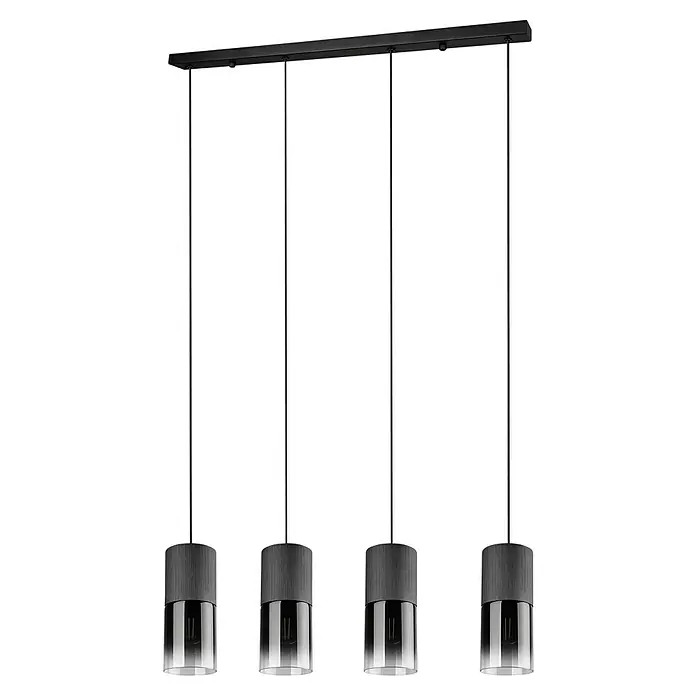 Trio Leuchten Robin Pendelleuchte - 112 W, B x H: 80,5 x 150 cm, Schwarz matt, E27, Anzahl Leuchtmittel: 4 Stk. - Moderne Pendelleuchte mit vier zylindrischen Lampenschirmen in Grau und transparentem Glas. Elegante Beleuchtung für Esszimmer oder Küche.