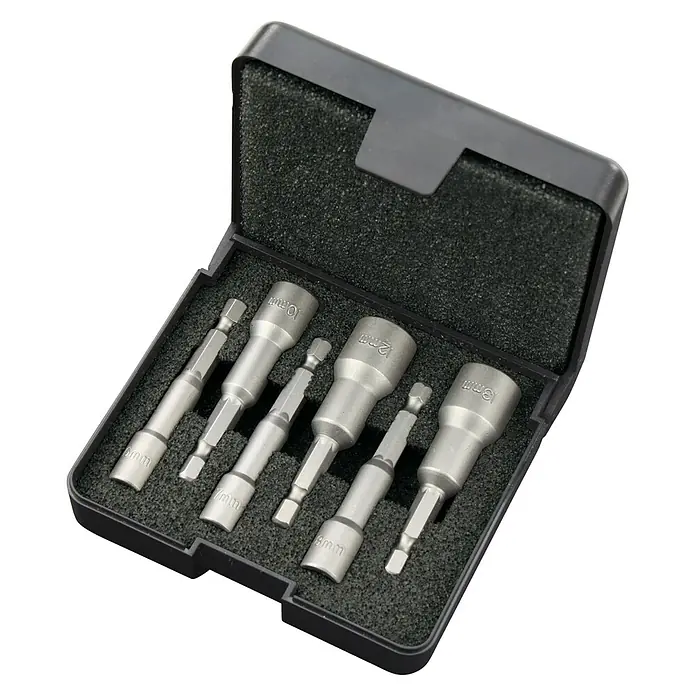 Felo Steckschlüssel-Set E 6,3 - 6 -tlg. - Sechskant-Nuss-Bits in verschiedenen Größen in einem schwarzen Koffer. Perfekt für Schraubarbeiten mit Bohrmaschinen und Schraubendrehern.