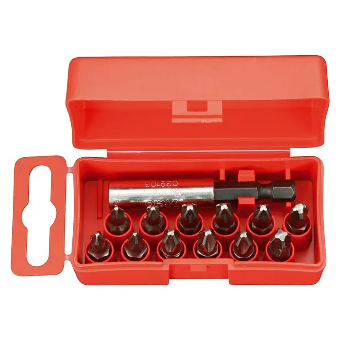 Felo Bit-Box Profi Industrie C 6,3 x 25 mm - 13 -tlg., PZ/PH/BH - Ein rotes Set mit Schraubendreher-Bits und einem magnetischen Bithalter, ideal für verschiedene Schraubanwendungen.