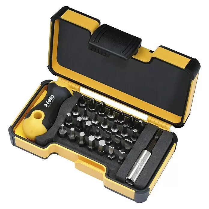 Felo Set de puntas XS-Strongbox Security - 30 pzs. - Juego de puntas de destornillador abierto amarillo y negro. Incluye mango, puntas de acero (Phillips, Torx, planas, hexagonales) y portapuntas magnético.
