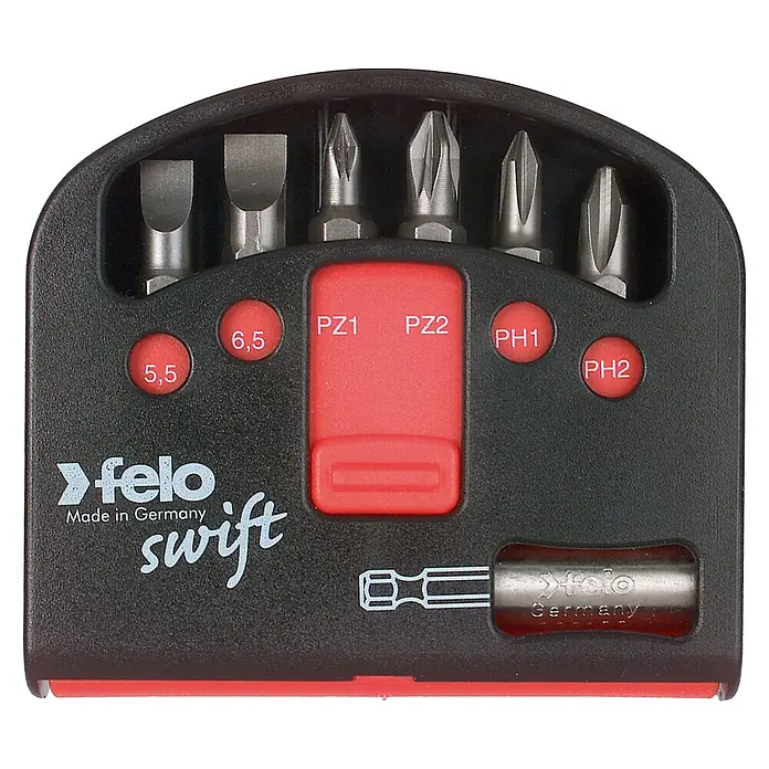 Felo Bit-Box Swift Industrie - SL/PH/PZ/BH - Eine Nahaufnahme eines Felo Swift Bit-Sets mit verschiedenen Schraubendreher-Bits und einem Griff. Hergestellt in Deutschland.