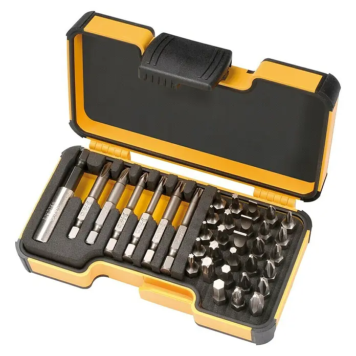 Felo Bit-Set XS-Strongbox Bits 35 - 35 -tlg. - Das Bild zeigt ein Set mit Schrauberbits in einer gelben Box, ideal für Reparaturen und Heimwerkerprojekte.
