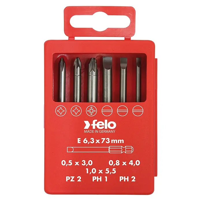 Felo Bit-Box Profi Industrie E 6,3 x 73 mm - 6 -tlg., SL/PH/PZ - Satz Schrauberbits von Felo, mit verschiedenen Größen und Formen, verpackt in roter Kunststoffbox, ideal für Handwerker und Heimwerker.
