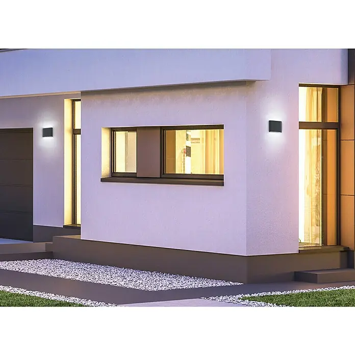 Trio Leuchten LED-Außenwandleuchte Thames II - 5 W, L x B x H: 30 x 115 x 90 mm, Anthrazit, IP54 - Fassadenbeleuchtung mit zwei modernen, schwarzen Außenleuchten, die ein warmes, einladendes Licht an der Hauswand erzeugen.