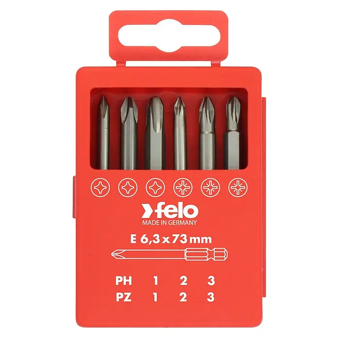 Felo Bit-Box Profi Industrie E 6,3 x 73 mm - 6 -tlg., PH/PZ - Produktbild eines Felo Bit-Satzes mit verschiedenen Schraubendreher-Bits in roter Verpackung. Made in Germany, ideal für Handwerker.