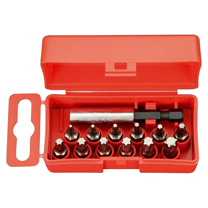 Felo Bit-Box Profi Industrie C 6,3 x 25 mm - 13 -tlg., Torx - Ein Set mit verschiedenen Schraubendreher-Bits in einer roten Aufbewahrungsbox. Ideal für Heimwerker und Profis.