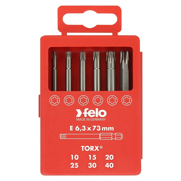 Felo Bit-Box Profi Industrie E 6,3 x 73 mm - 6 -tlg., Torx - Felo TORX®-Bit-Satz mit verschiedenen Größen (10-40) in einer roten Aufbewahrungsbox. Ideal für Schraubarbeiten.
