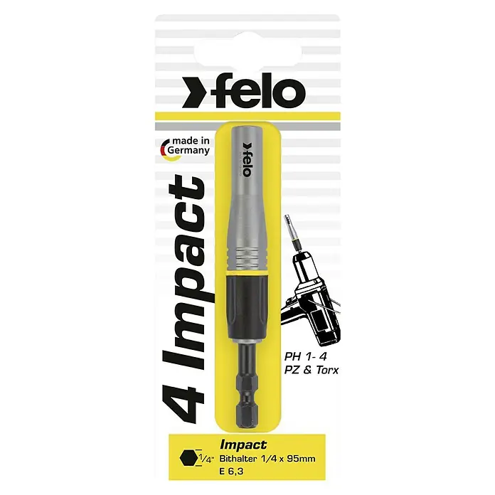 Felo Bithalter 4 Impact - 1 Stk. - Felo 4 Impact Bithalter 1/4" x 95mm E 6,3, ideal für den Einsatz mit Schlagschraubern. Hergestellt in Deutschland für höchste Qualität.