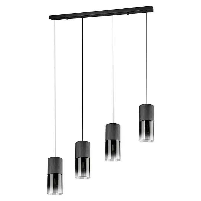 Trio Leuchten Robin Pendelleuchte - 112 W, B x H: 80,5 x 150 cm, Schwarz matt, E27, Anzahl Leuchtmittel: 4 Stk. - Moderne Pendelleuchte mit vier zylindrischen Lampenschirmen in Grau und transparentem Glas, aufgehängt an einer schwarzen Stange.