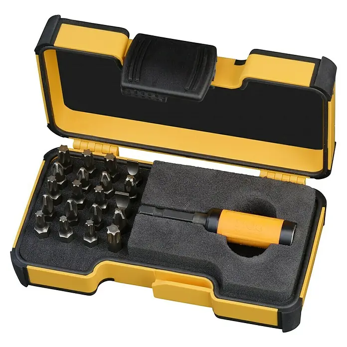 Felo Bit-Set XS-Strongbox Allstar - 21 -tlg., 1 x Bithalter, 20 x Industrie Bit C 6,3 x 25 mm, SL 5,5 x 1,0, SL 6,5 x 1,2, PZ 2, PZ 3, PH 2, PH 3, T 20, T 25, T 30, T 40, 1 x Felo-Strongbox XS, Bitlänge: 25 mm - Gelber Werkzeugkasten mit verschiedenen Bits und einem Schraubendreher. Ideal für Heimwerker und Profis, um Schrauben zu lösen und festzuziehen.