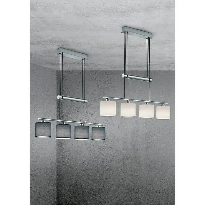 Trio Leuchten Pendelleuchte Garda - 40 W, Weiß, Nickel matt, E14 - Zwei moderne Pendelleuchten mit vier Schirmen in Grau und Weiß, die ein stilvolles Ambiente schaffen.