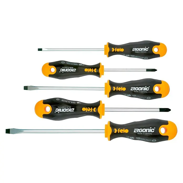 Felo Schraubendreher-Set ERGONIC® - 5 -tlg., Geeignet für: Schlitz und Kreuzschlitz PH - Satz von Felo Ergonik Schraubendrehern mit ergonomischen Griffen und verschiedenen Schraubendreherköpfen für vielfältige Anwendungen.