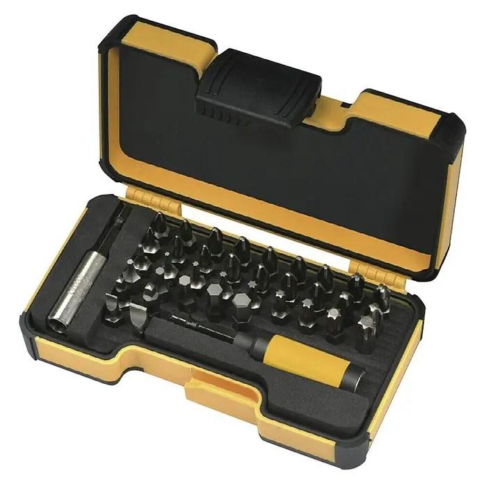 Felo Bit-Set XS-Strongbox Bits 38 - 38 -tlg. - Ein gelb-schwarzes Werkzeugkasten mit verschiedenen Schraubendreher-Bits und Zubehör für Heimwerkerarbeiten, ideal für präzise Aufgaben.