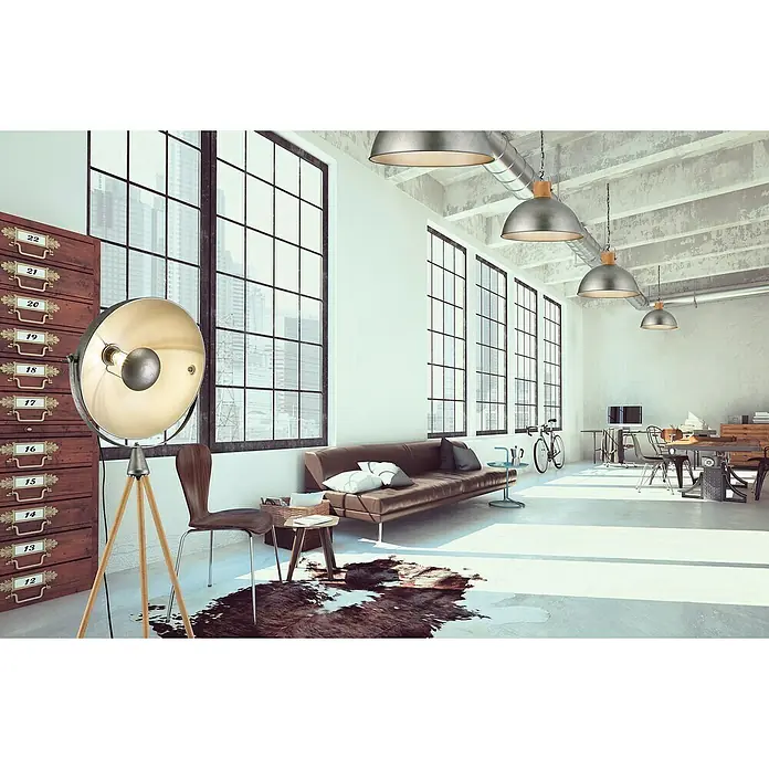 Trio Leuchten Delhi Pendelleuchte - 60 W, Nickel-antik, E27, 1 Stk. - Blick in einen modernen Raum mit einer auffälligen Stehlampe mit Stativ, die neben einem rustikalen Holzschrank steht. Industrie-Chic!
