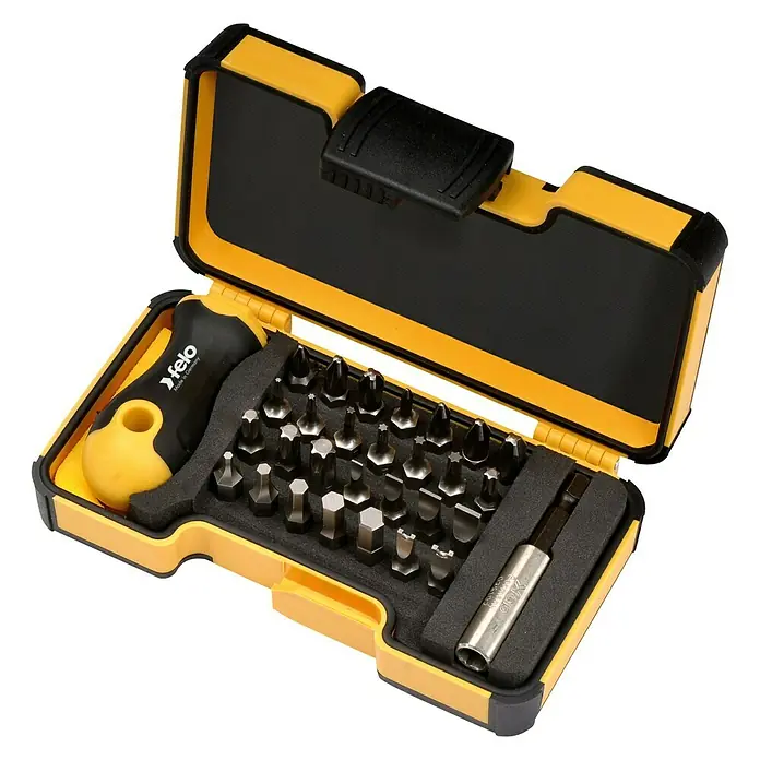 Felo Bit-Set XS-Strongbox - Bitlänge: 25 mm, 30 -tlg. - Felo Bit-Set in gelb-schwarzem Koffer. Das Set enthält verschiedene Schraubendreher-Bits und einen Griff für präzises Arbeiten.